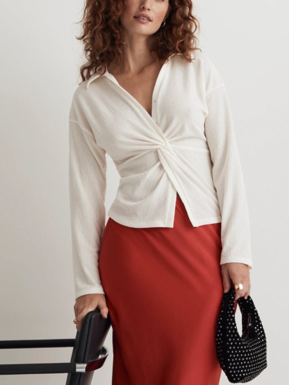 Madewell Cream Twisted Snap Front Long Sleeve Collared Crepe Textured Top Small